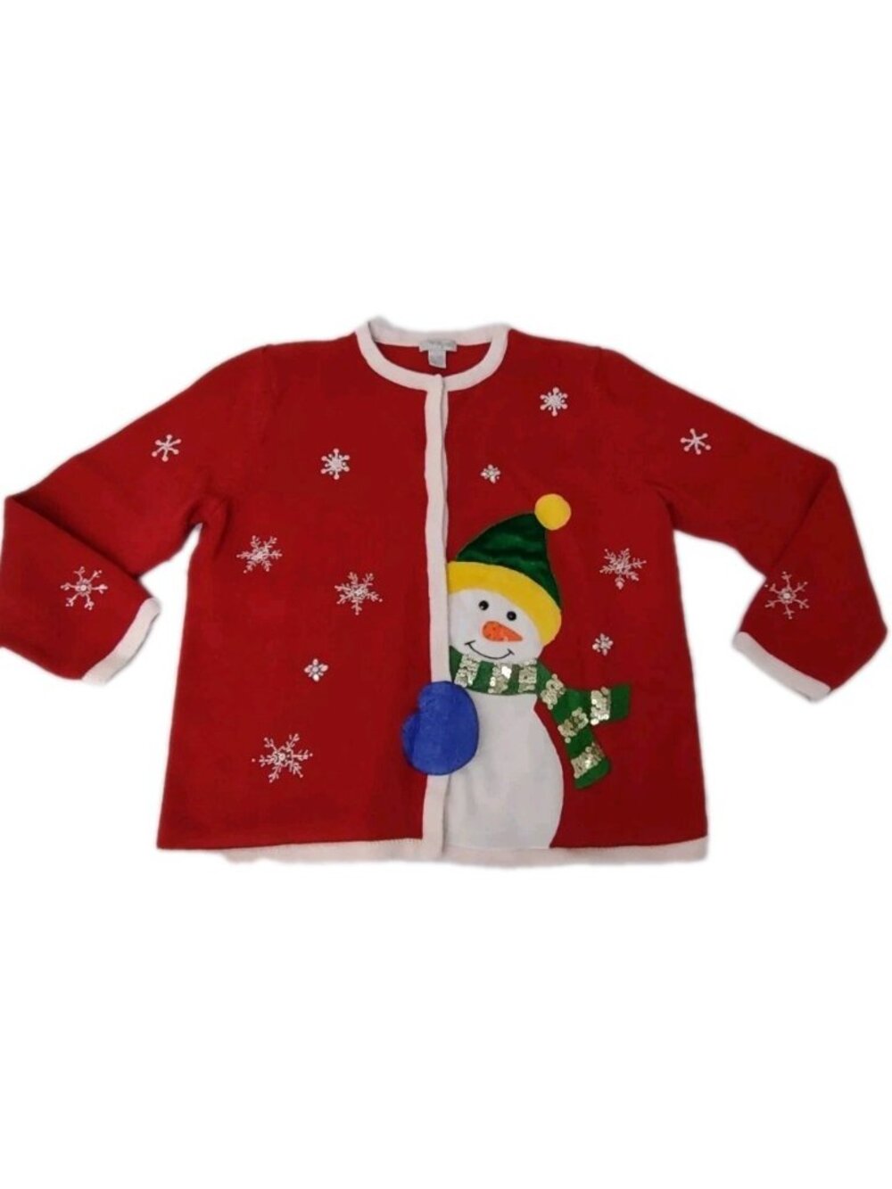 Mercer Street Studio Cardigan Sweater Bottoms Snowman Beaded Red Vintage